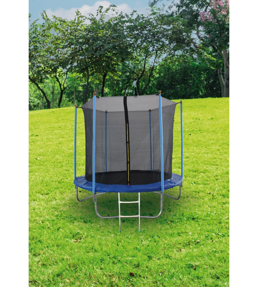 Tappeto elastico da giardino per bambini euro garden in acciaio e pvc con rete e scaletta, diametro 244 cm